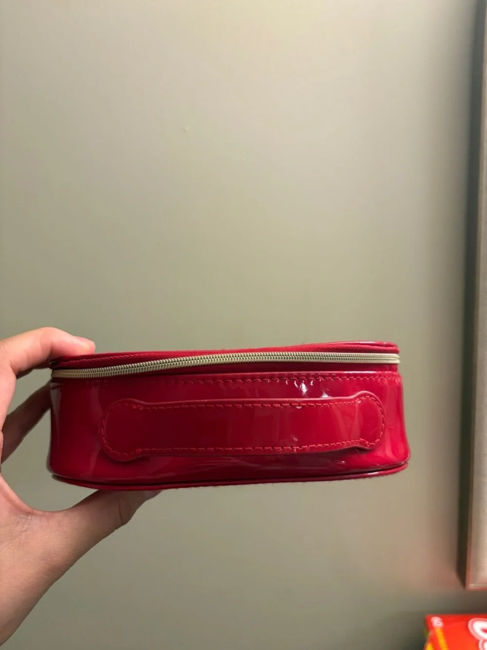 Dior Red Patent Oval Cosmetic Case with Embossed Logo
